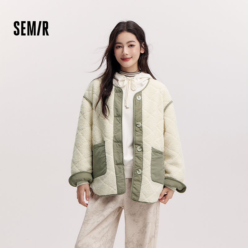 森马外套情侣中长款菱格仿羊羔毛宽松冬新撞色夹棉夹克两面穿百搭