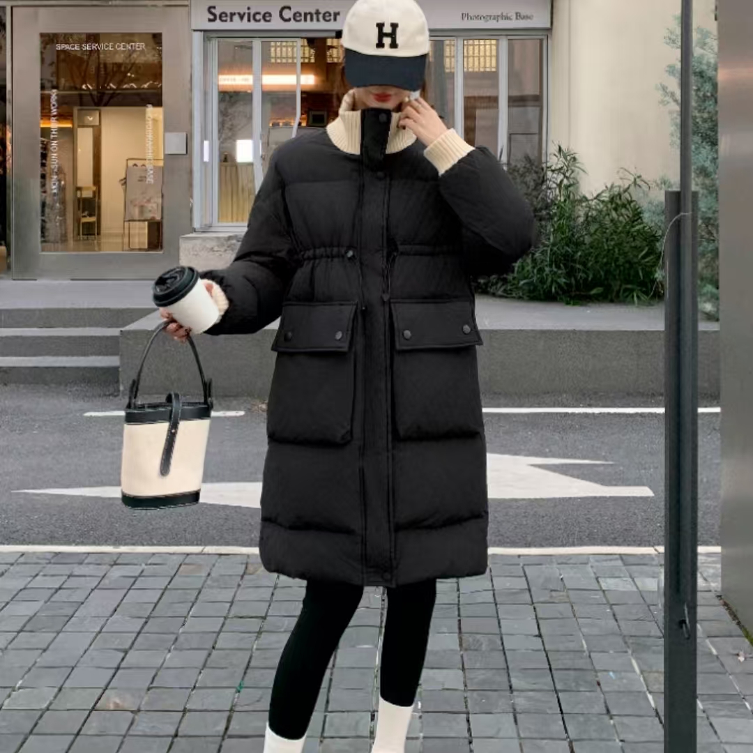 58282 欧货针织撞色立领收腰口袋棉服2023冬新过膝加厚 WT/0108