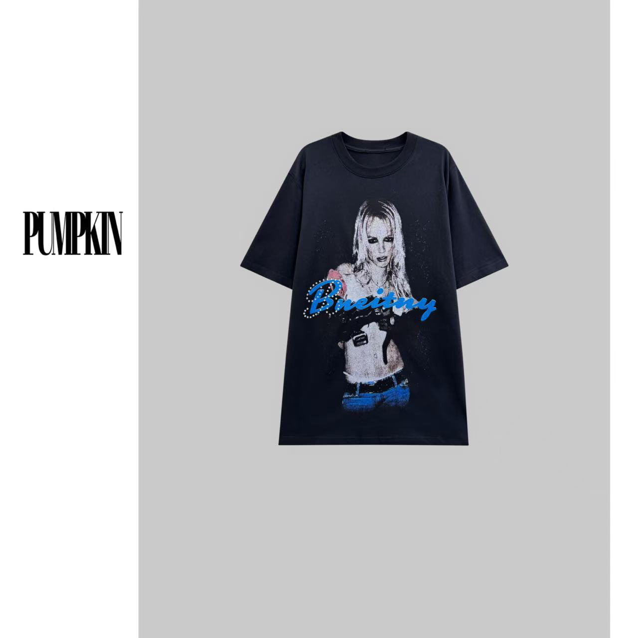 【双12钜惠】·宽松型圆领短袖人像字母印花烫钻黑色T恤夏季休闲