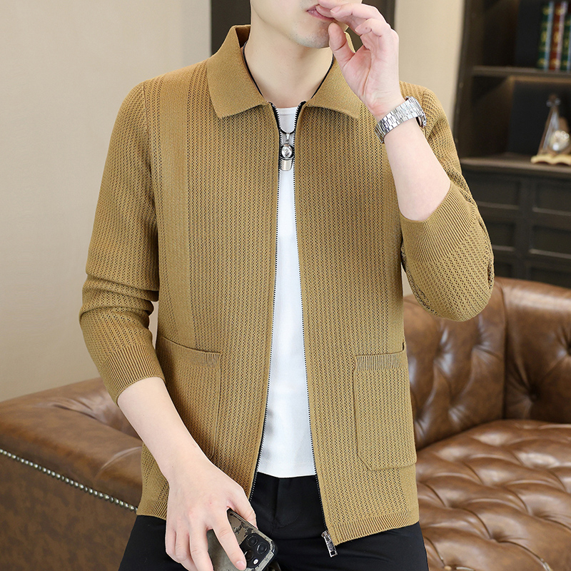  秋季新款男士休闲毛衣针织衫开衫百搭潮流时尚拉链翻领开衫外套