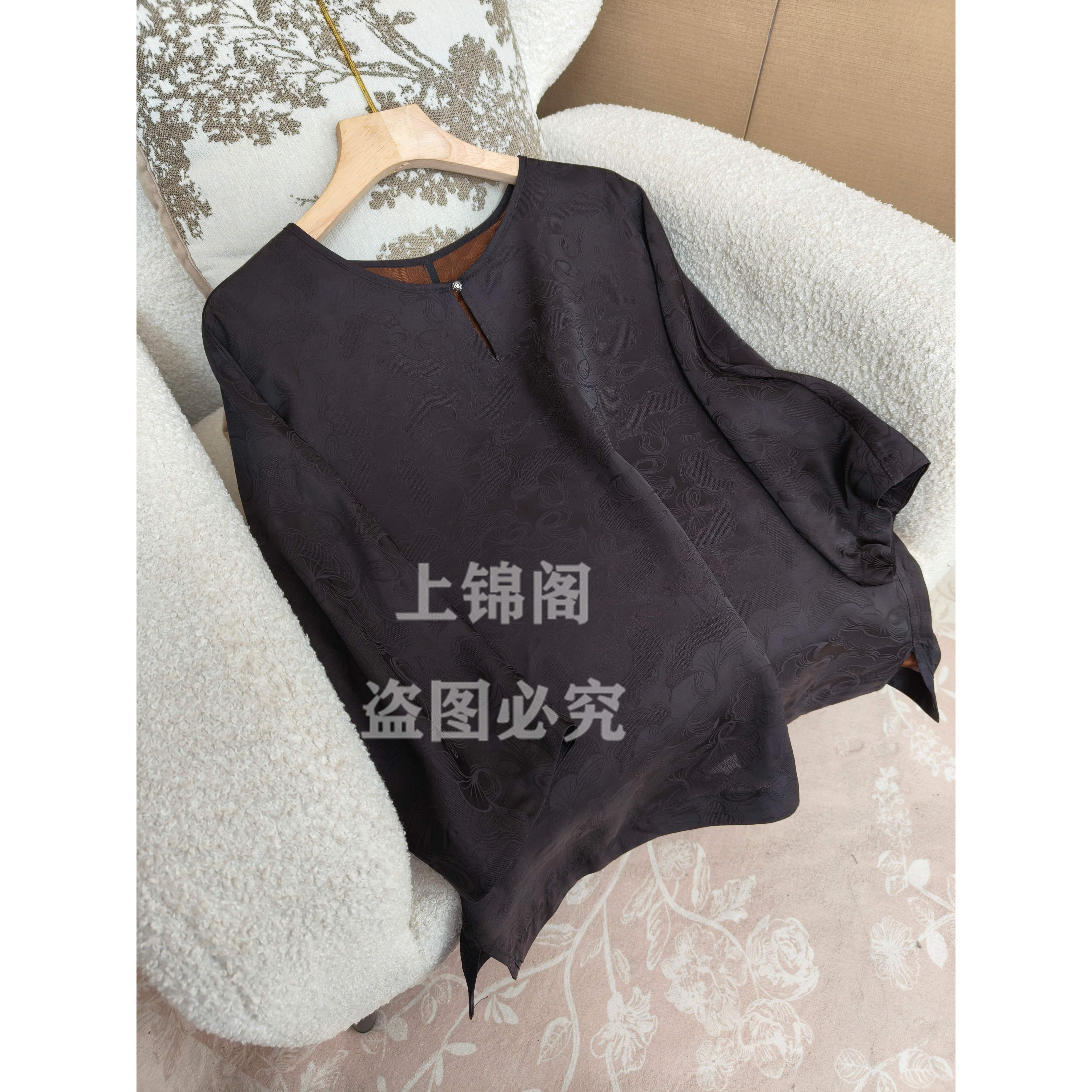 318新中式圆领一粒扣侧开叉中袖上衣时尚百搭女士休闲夏黑色女士