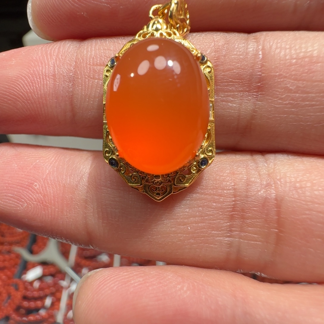 南红玛瑙银S925镀金镶嵌吊坠