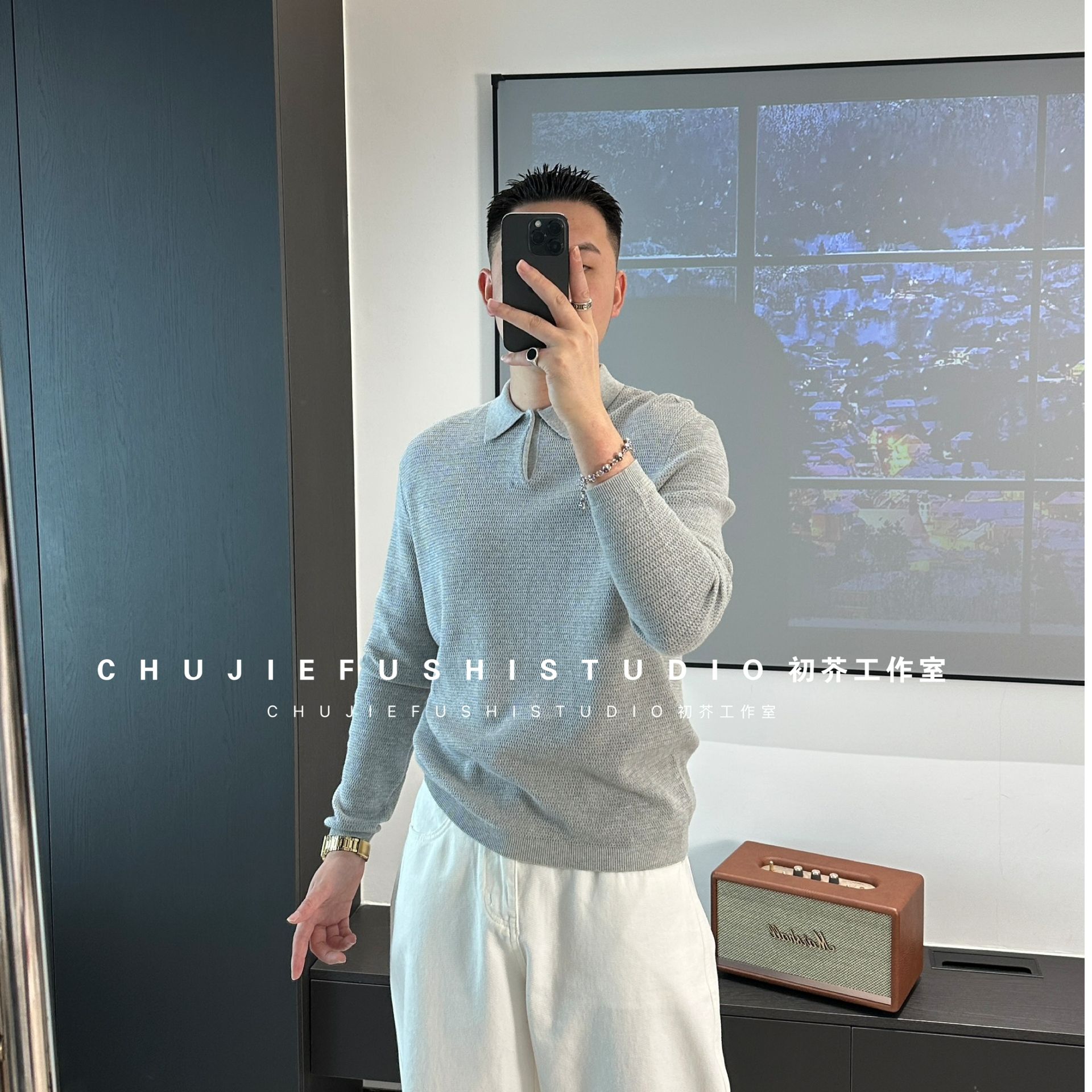 CHUJIE韩版微宽松一粒扣百搭纯色休闲镂空针织polo衫
