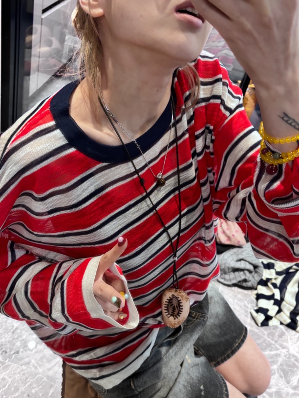 韩版夏季薄款撞色条纹长袖t恤女设计感防晒衫针织上衣潮