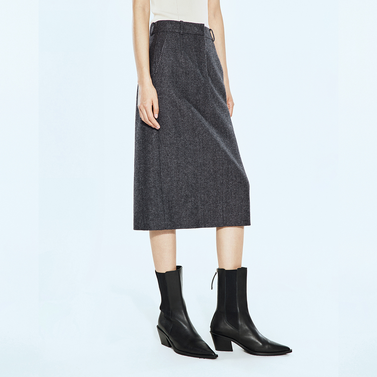 COVERINS2025春季老钱风人字纹羊毛直筒半身裙CC35150070