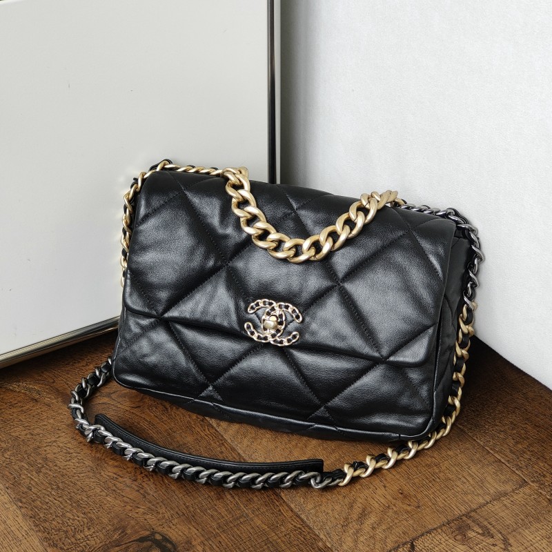 95新 Chanel/香奈儿 Azul-黑金羊皮19bag中号单肩包50755