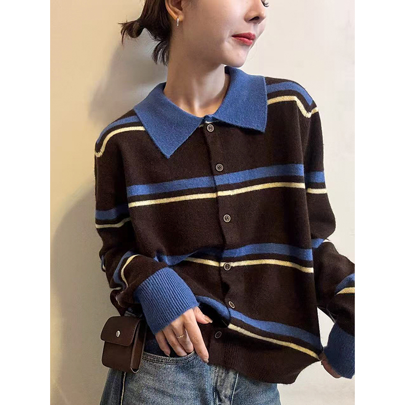 撞色条纹翻领针织开衫女2025秋冬新款胖MM宽松显瘦慵懒风毛衣外套