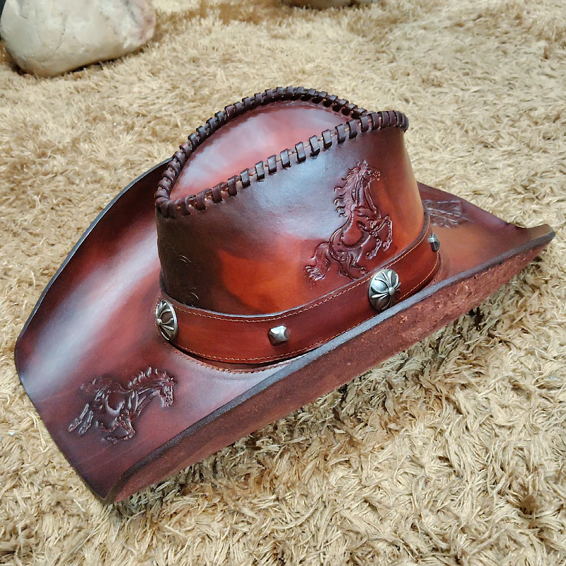 真皮复古牛仔帽帽子纯手工欧美男士棕色纯牛皮马纹雕刻马到成功