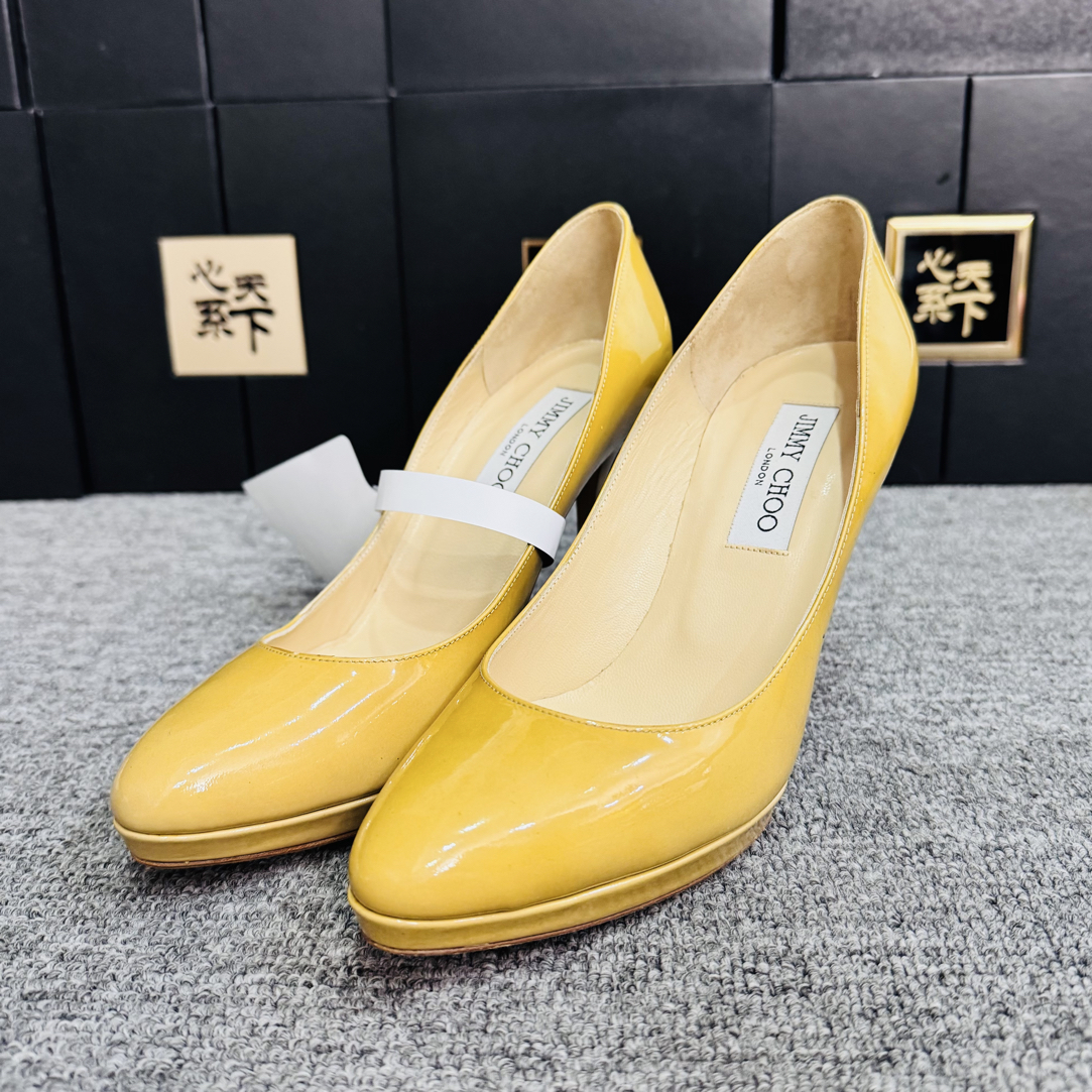 95新 JIMMY CHOO/吉米周 姜黄色漆皮高跟鞋37码ysc4900