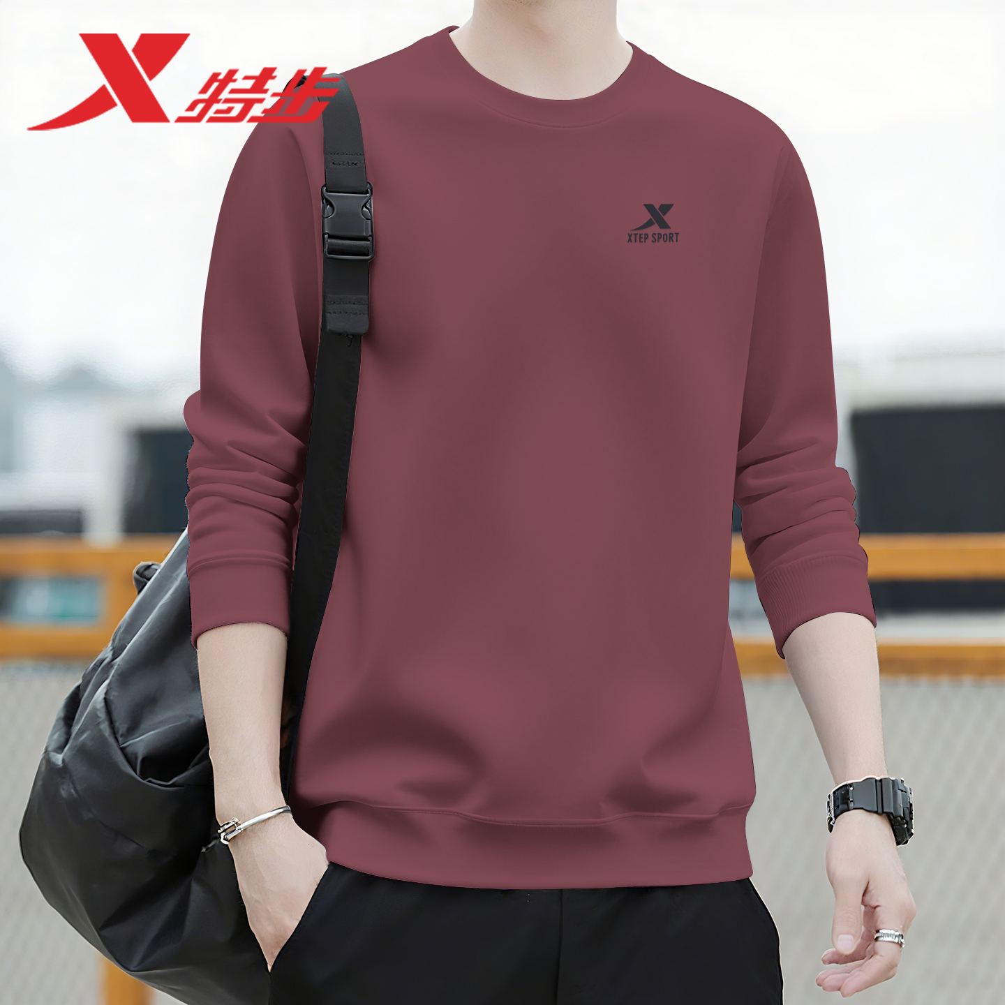 特步运动卫衣男士2025冬季圆领官方正品打底休闲套头长袖宽松男装