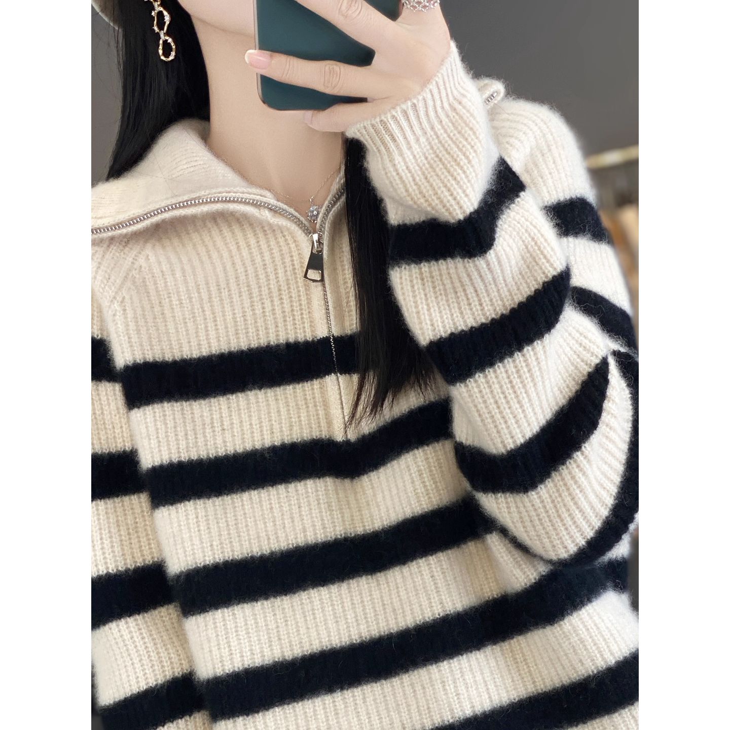 【100%纯羊毛衫】秋冬加厚女半拉链针织衫宽松条纹毛衣外穿上衣毛衫