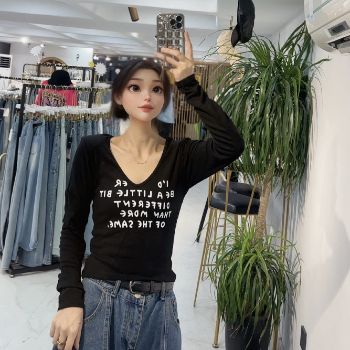 字母欧美风常规方口领女长袖T恤