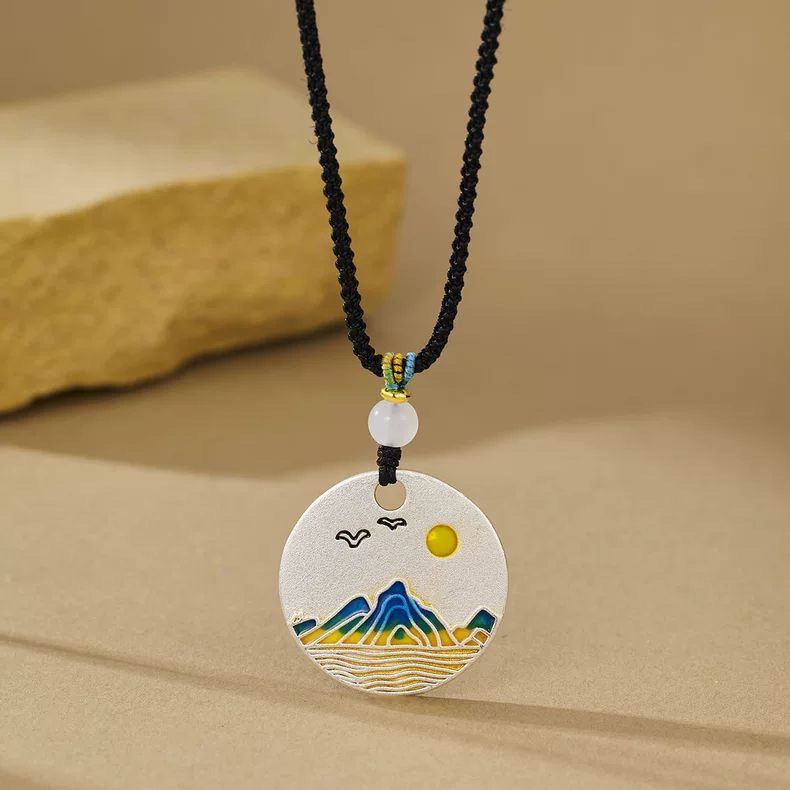 吊坠足银 足银 珐琅千里江山圆牌吊坠精致时尚百搭饰品