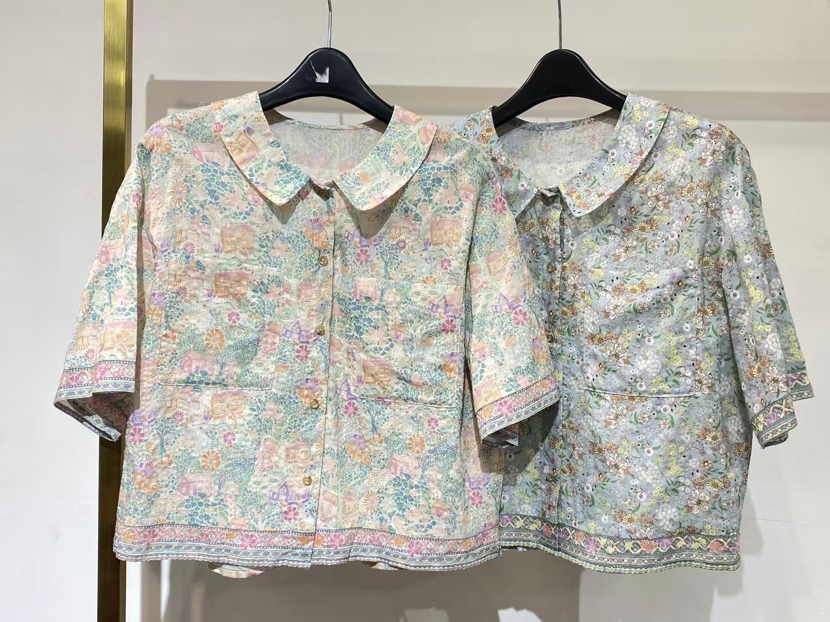 闪闪兒 夏季碎花短袖蕾丝薄款娃娃领衬衫百搭时尚休闲3026