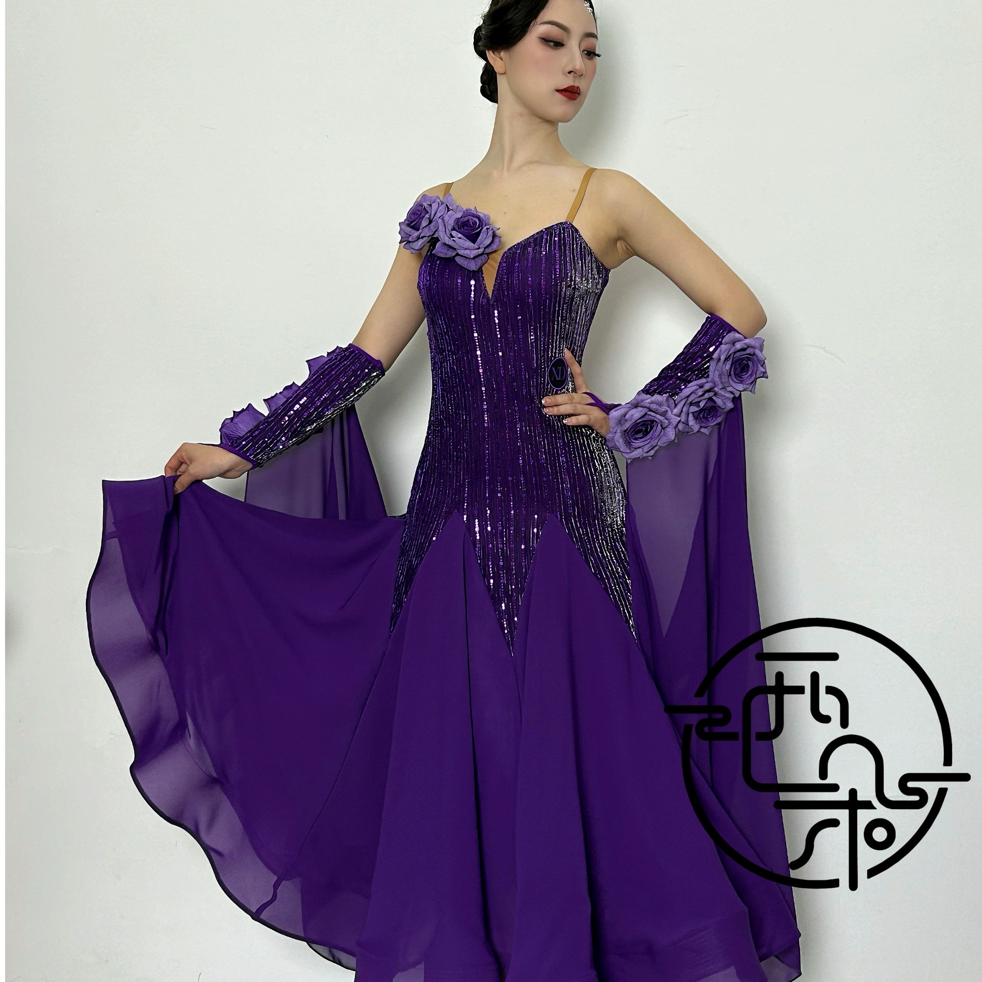 西朵舞服摩登舞玫瑰花大袖飘吊带款表演裙连衣裙XD481