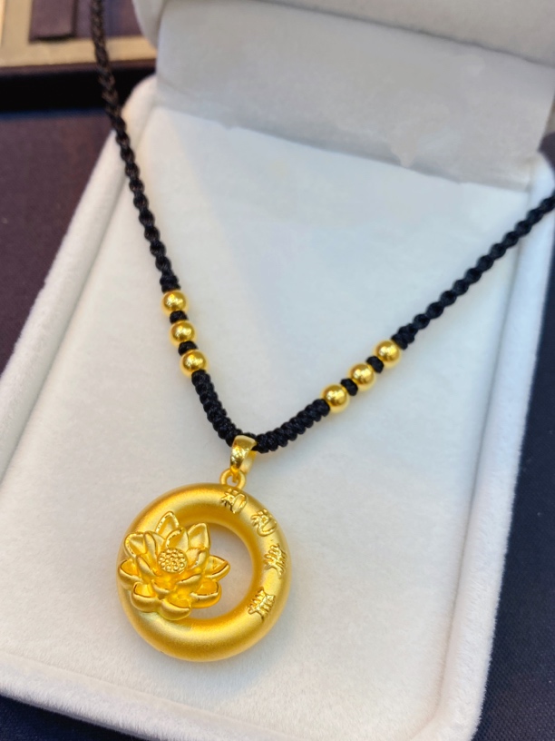 足金999莲花平安扣吊坠转运珠编绳项链