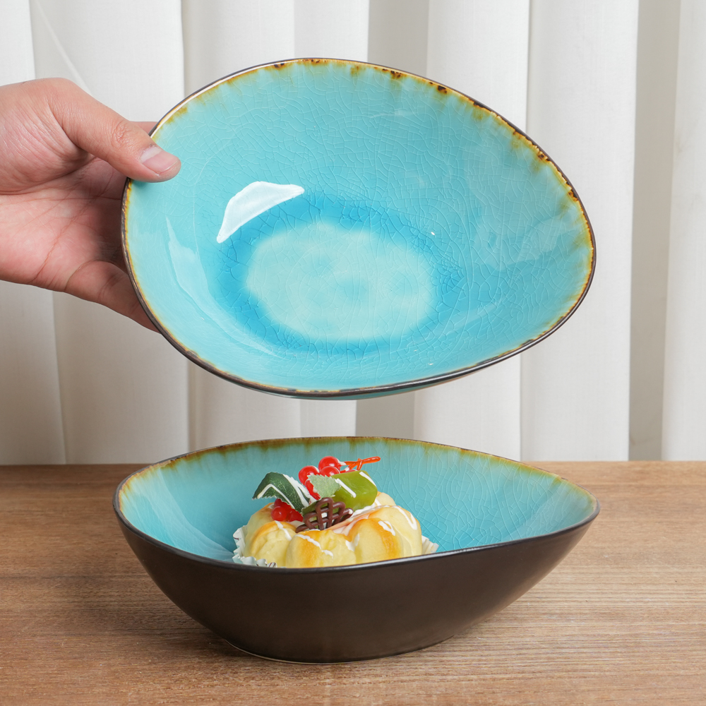 【正品】菜碗釉下彩陶瓷碗窑变浅蓝冰裂纹水滴日式复古家用L2A