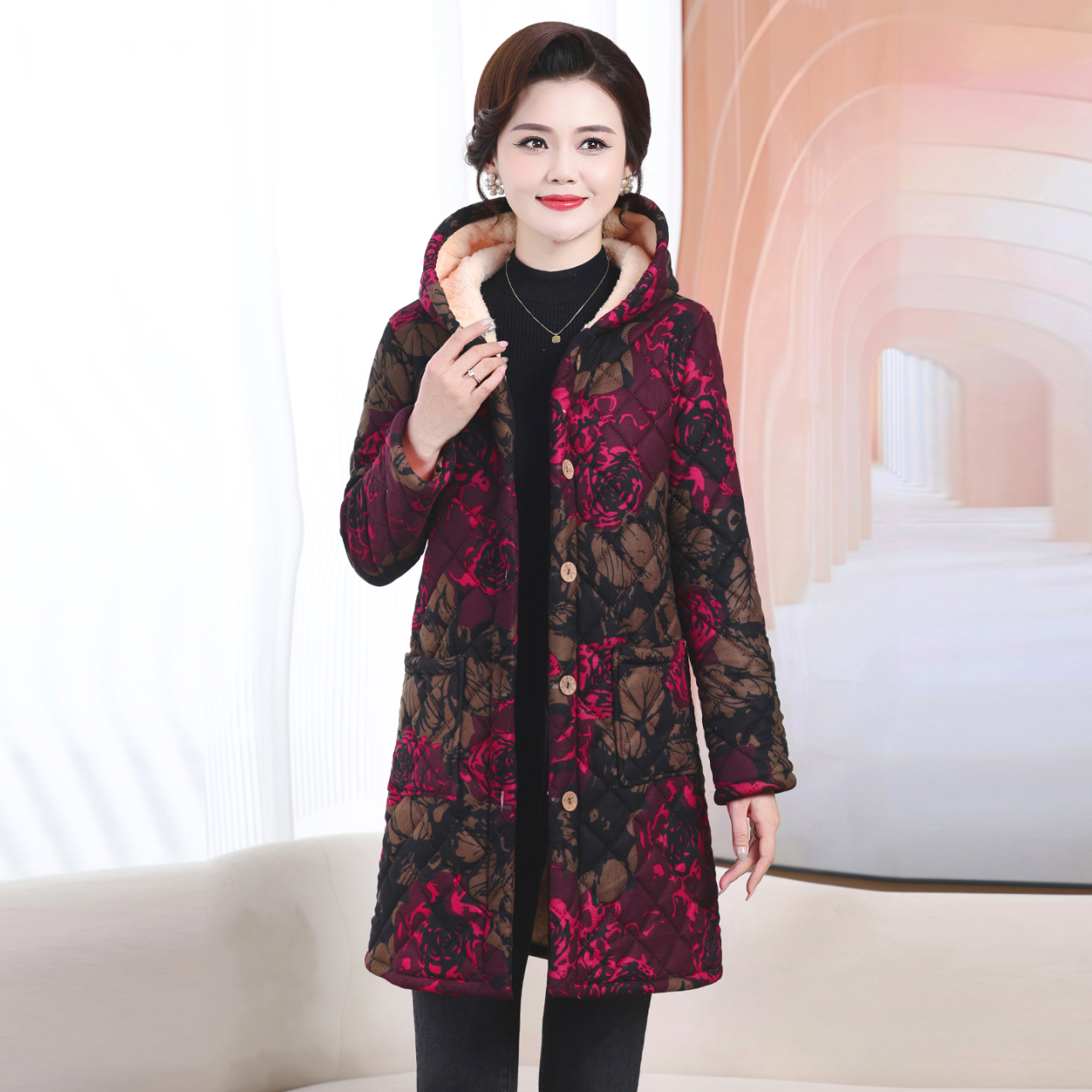 格纹中长款休闲风连帽外套中老年女装大码保暖妈妈装加厚棉衣服