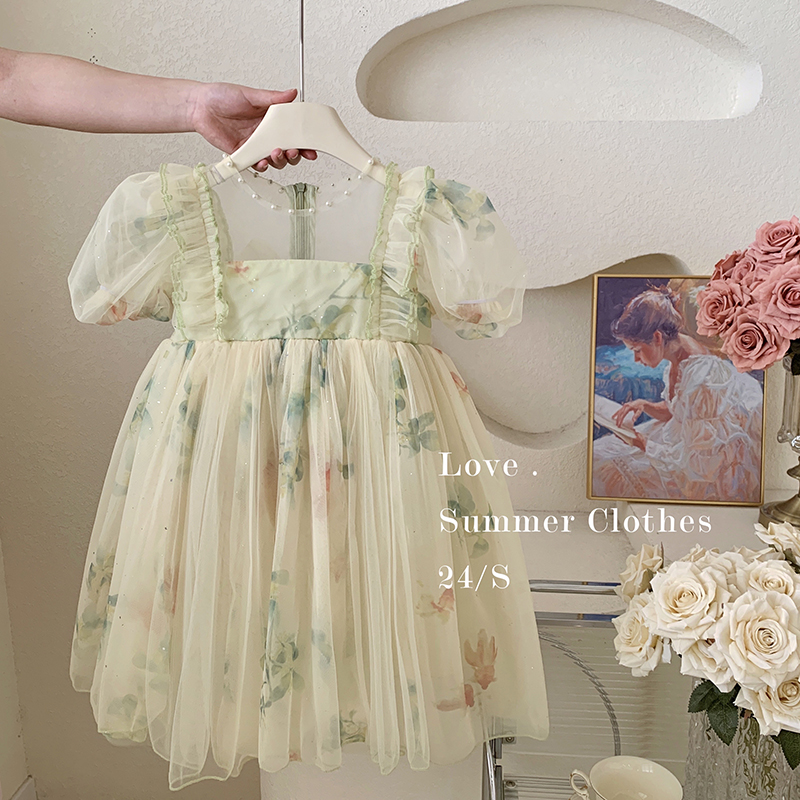 【本妈】"爱丽丝之梦"韩版女童珍珠点缀印花网纱连衣裙8876 29‘9