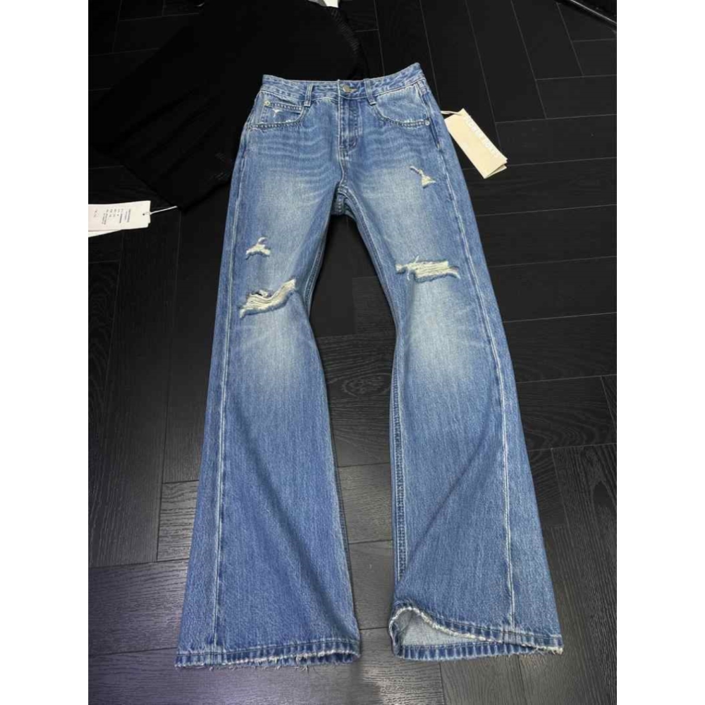 大码美式复古磨破洞微喇牛仔裤女2025春季新款显瘦显腿长喇叭裤子