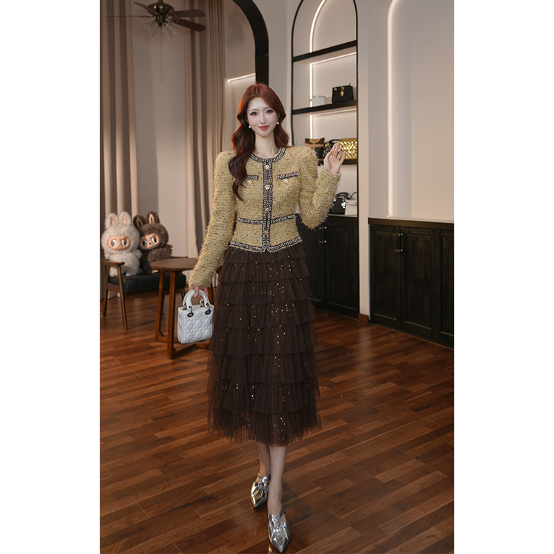 【滋滋定制】秋冬季新款时尚小香风A字裙名媛圆领拼接连衣裙45492