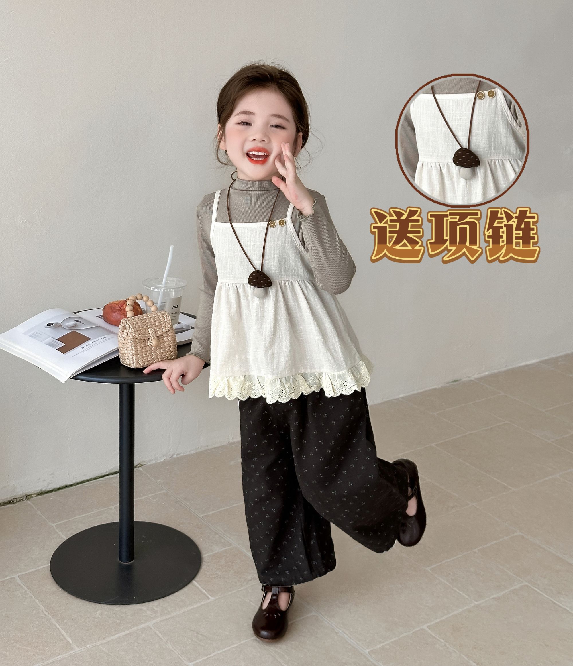 女童2025秋季新款三件套洋气碎花宽松阔腿裤吊带背心女童套装