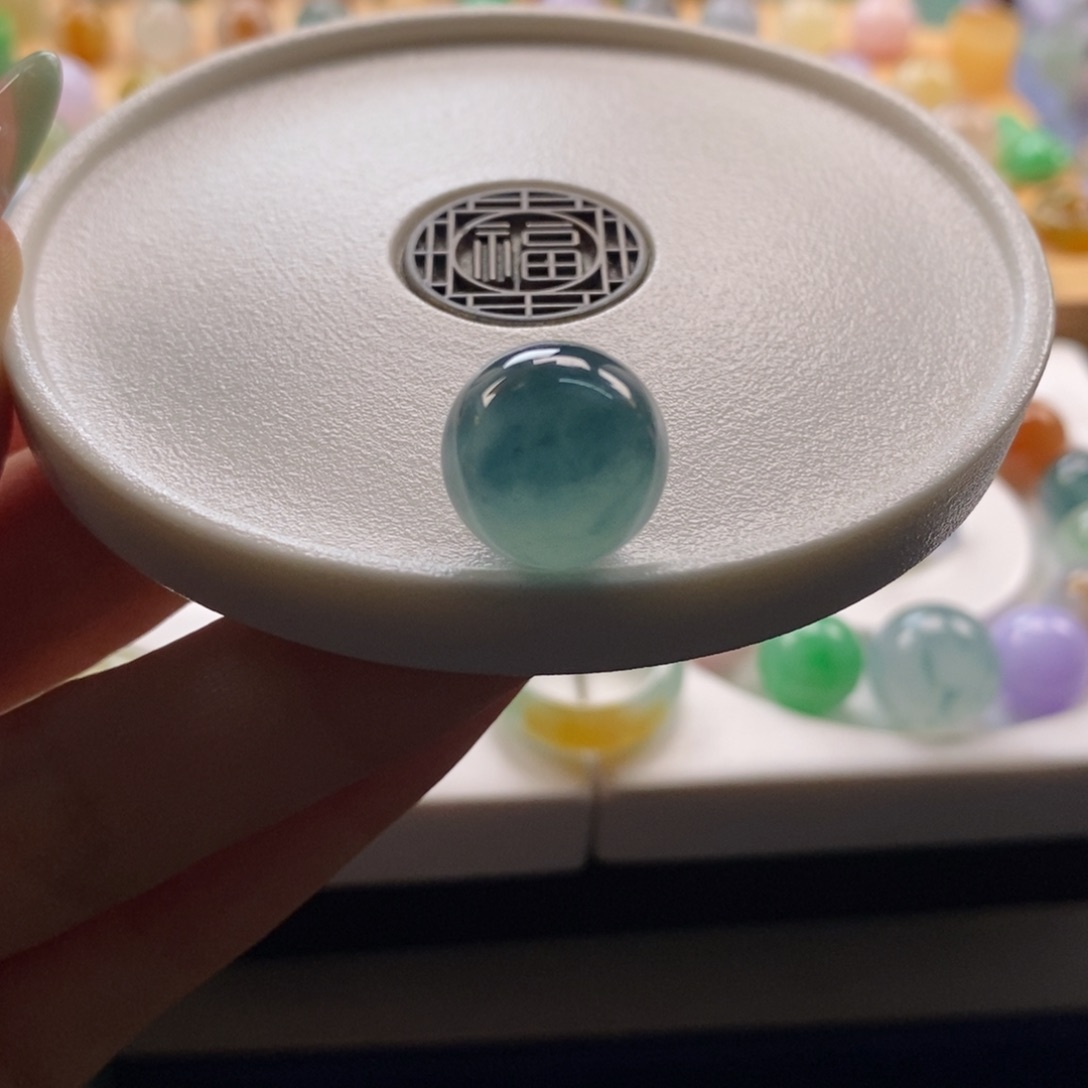 翡翠未镶嵌颈饰冰胶蓝底飘花圆珠卡14