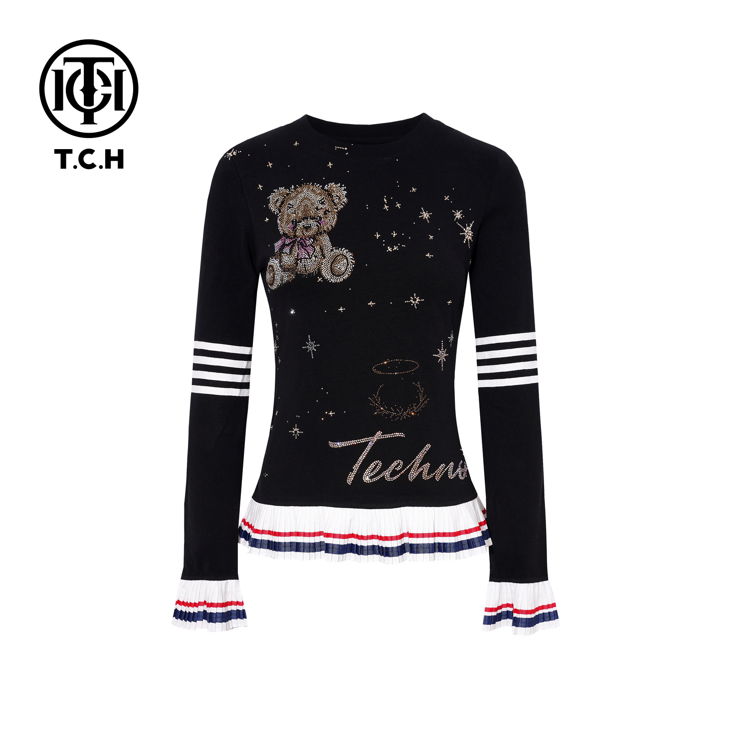 TCH【冬季穿搭】冬款时尚烫钻黑色休闲风女装长袖体恤T75D08E1008