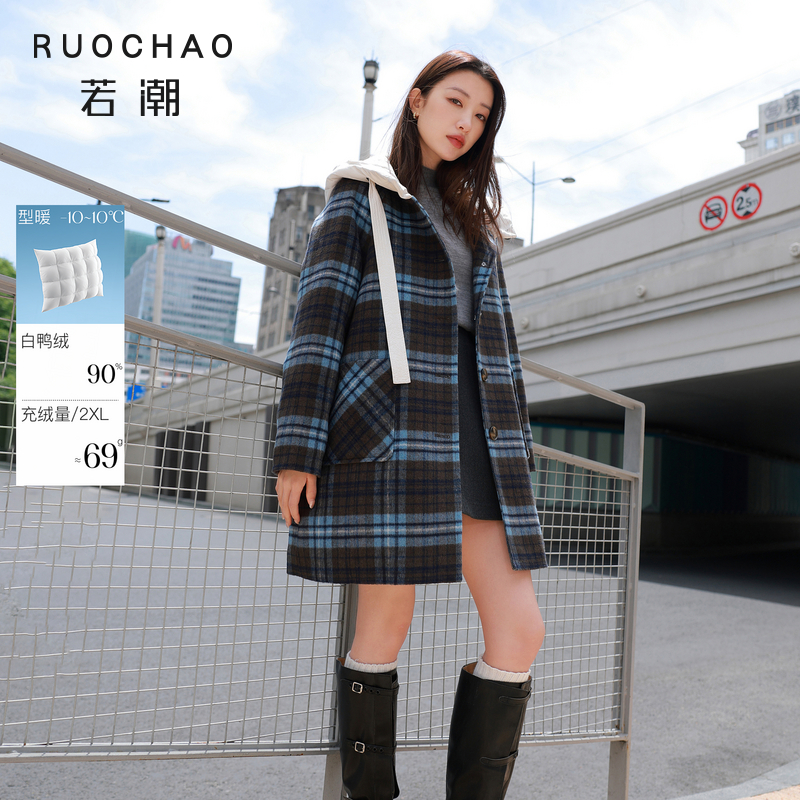 90鸭毛呢羽绒服~三彩大码女装2025冬季新款呢外套假两件羊毛胖MM