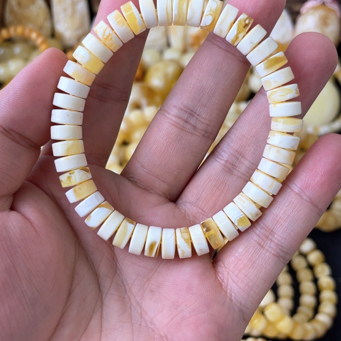 琥珀手串未镶嵌G*a9mm俄料漆瓷白妖花精工药片手串