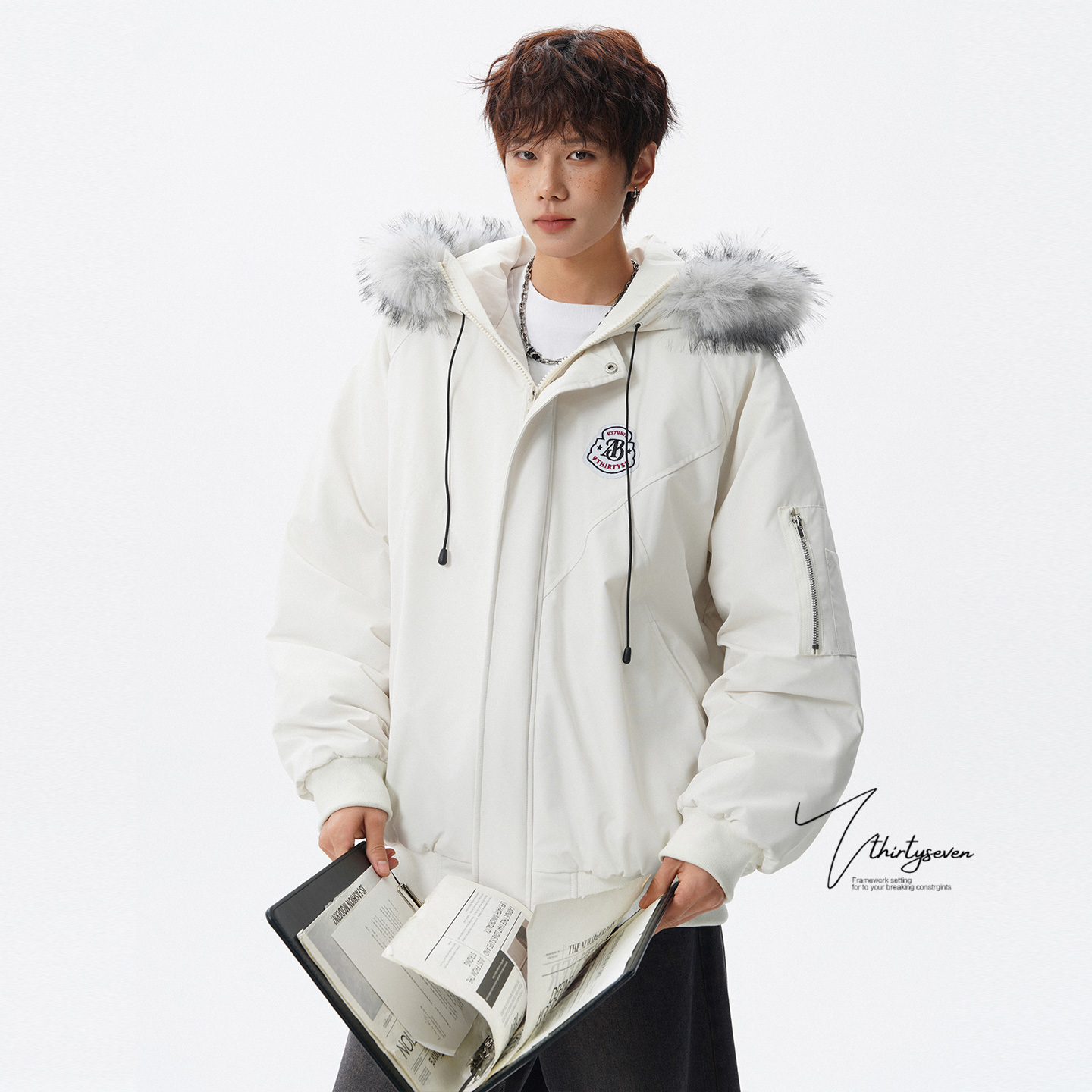 JVR美式潮牌氛围感毛领徽章夹克男女冬季高街情侣款保暖连帽棉衣