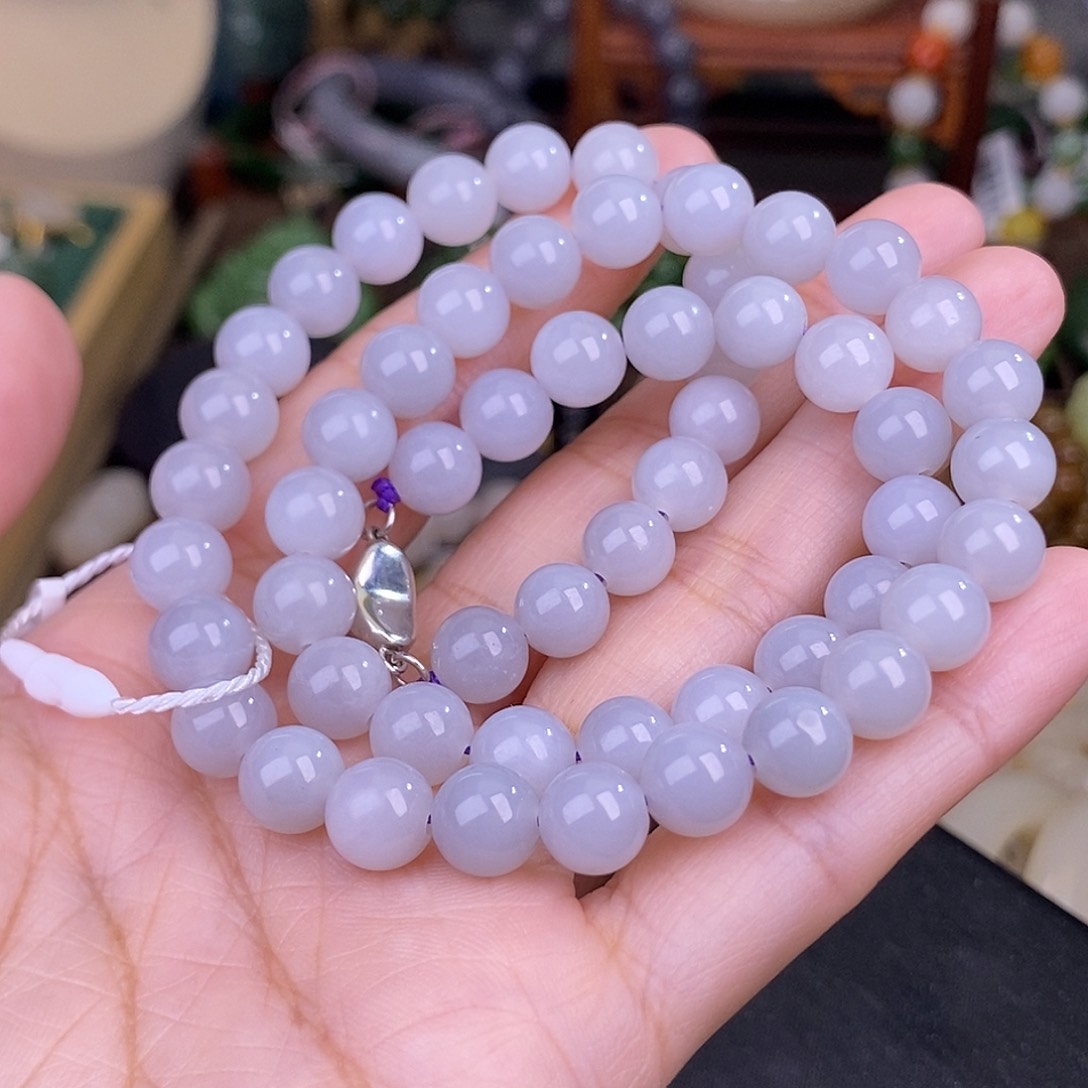 和田玉烟紫项链冰底约8MM清货价未镶嵌