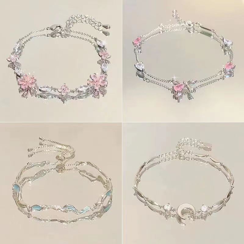 合金锆石手链 粉色爆闪合金锆石樱花蝴蝶结手链女ins小众轻奢气质