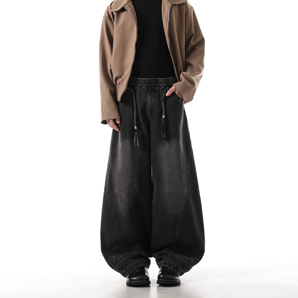 MONOLOGE美式复古弯刀裤男女款阔腿宽松牛仔裤手工编制抽绳工装裤