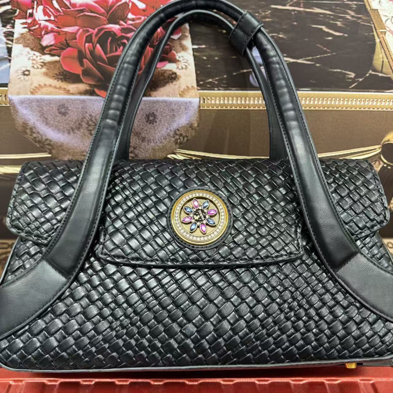 防刮手提款托特包通勤风单肩包鳄鱼纹斜跨黑色