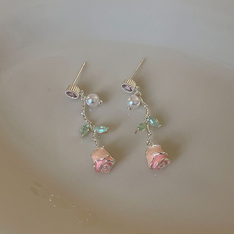 合金耳饰 8497玫瑰滴油花朵耳环长款精致流苏小众设计感耳饰A118