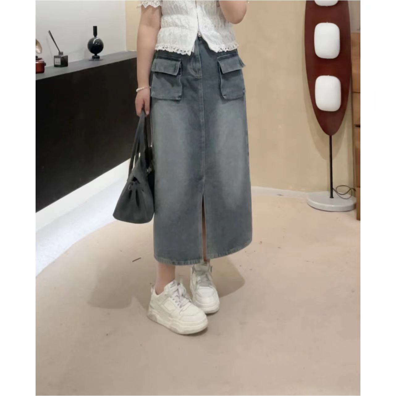 晶咕【灰色舞会】牛仔水做旧前开叉两个口袋包臀半身裙高腰