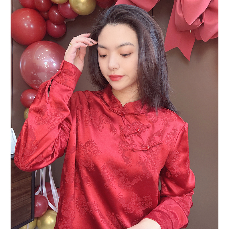 【美美国潮】【龙腾盛世】新款复古立领斜襟盘扣提花新中式上衣7850