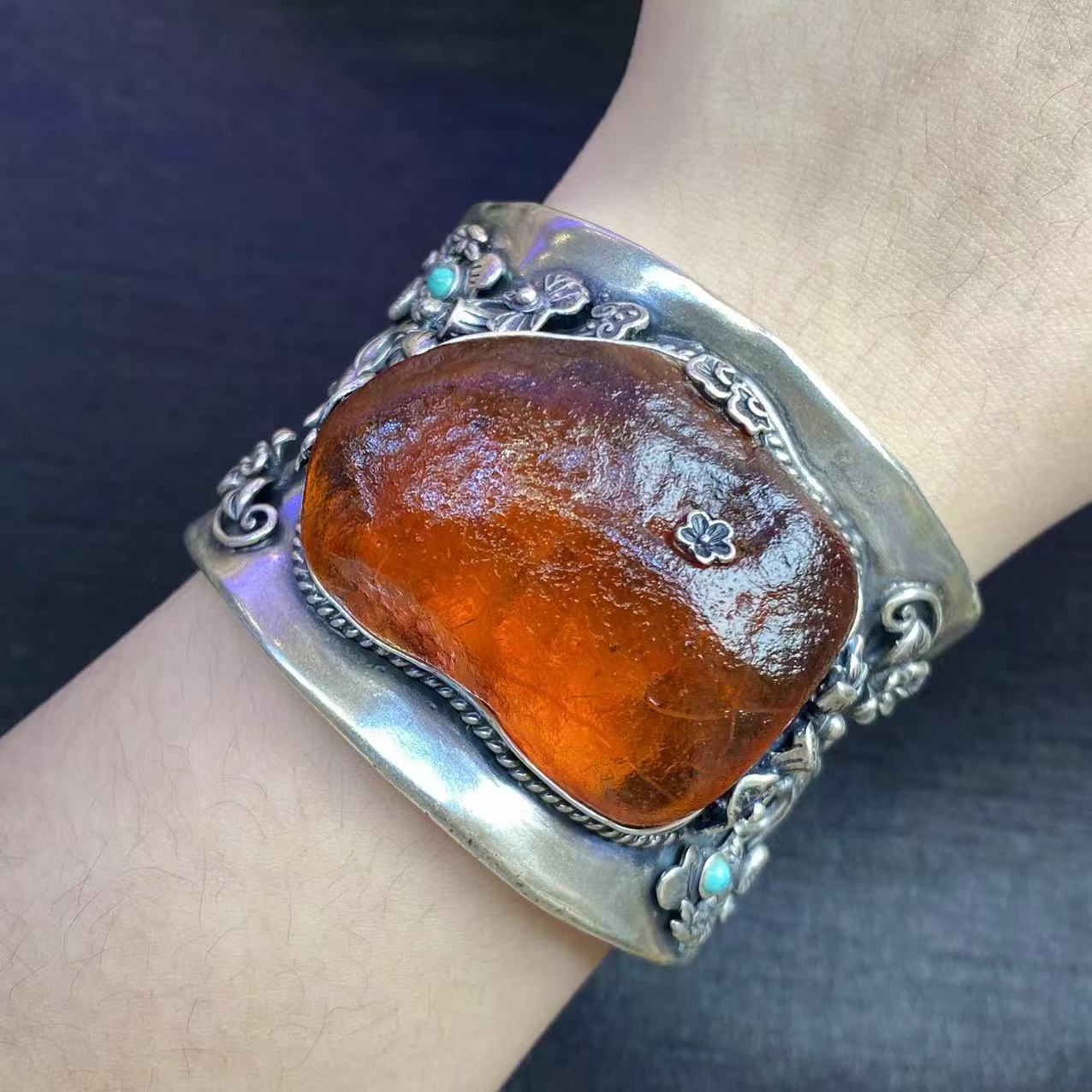 LYliuyng海漂原石琥珀蜜蜡手镯品质独特色系复古手工银镶琥珀原皮