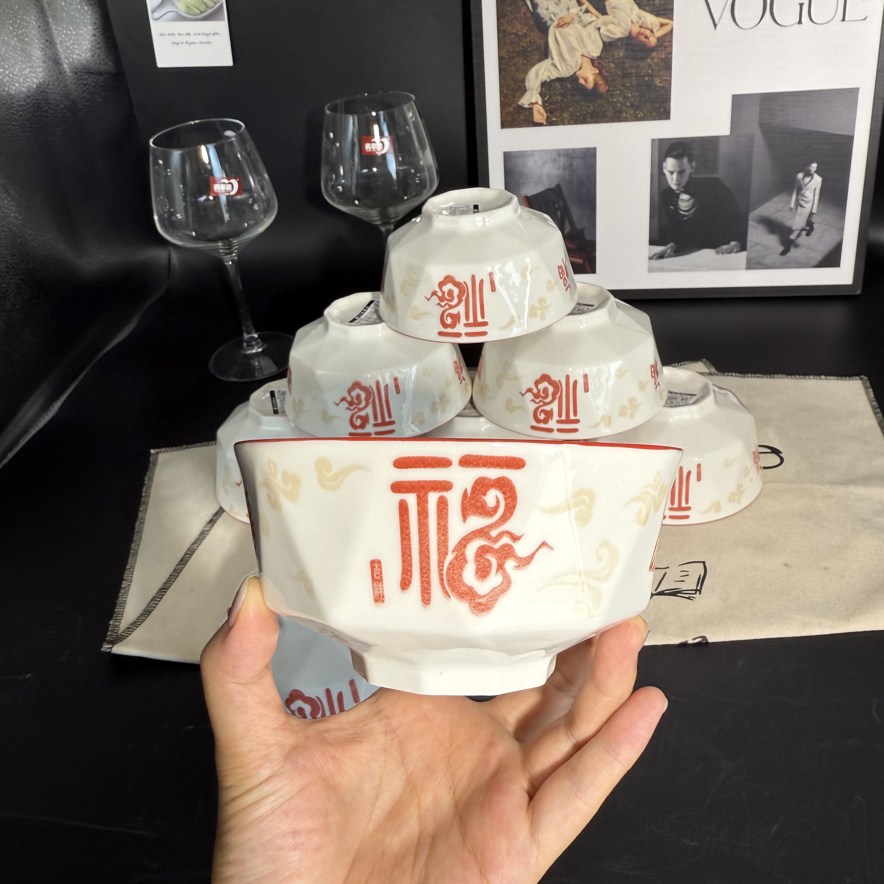 【6只装】五福钻石4.5英寸碗家用健康釉下彩陶瓷餐具