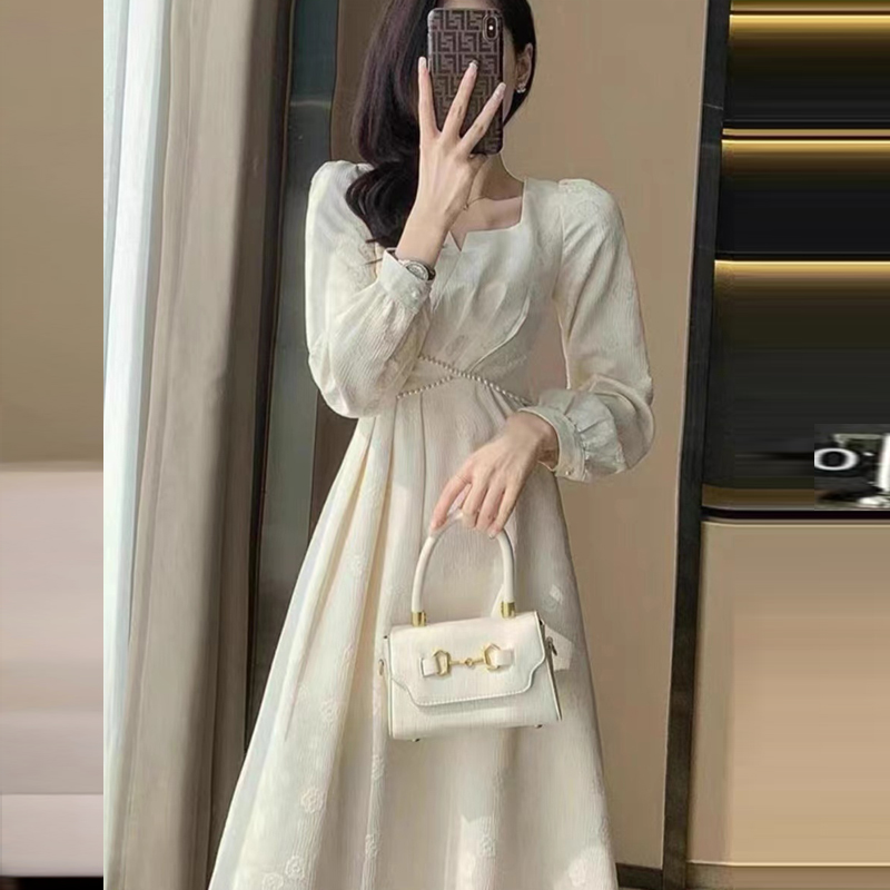 编码【500-599】法式长裙连袖连衣裙收腰连衣裙方领裙子气质长袖