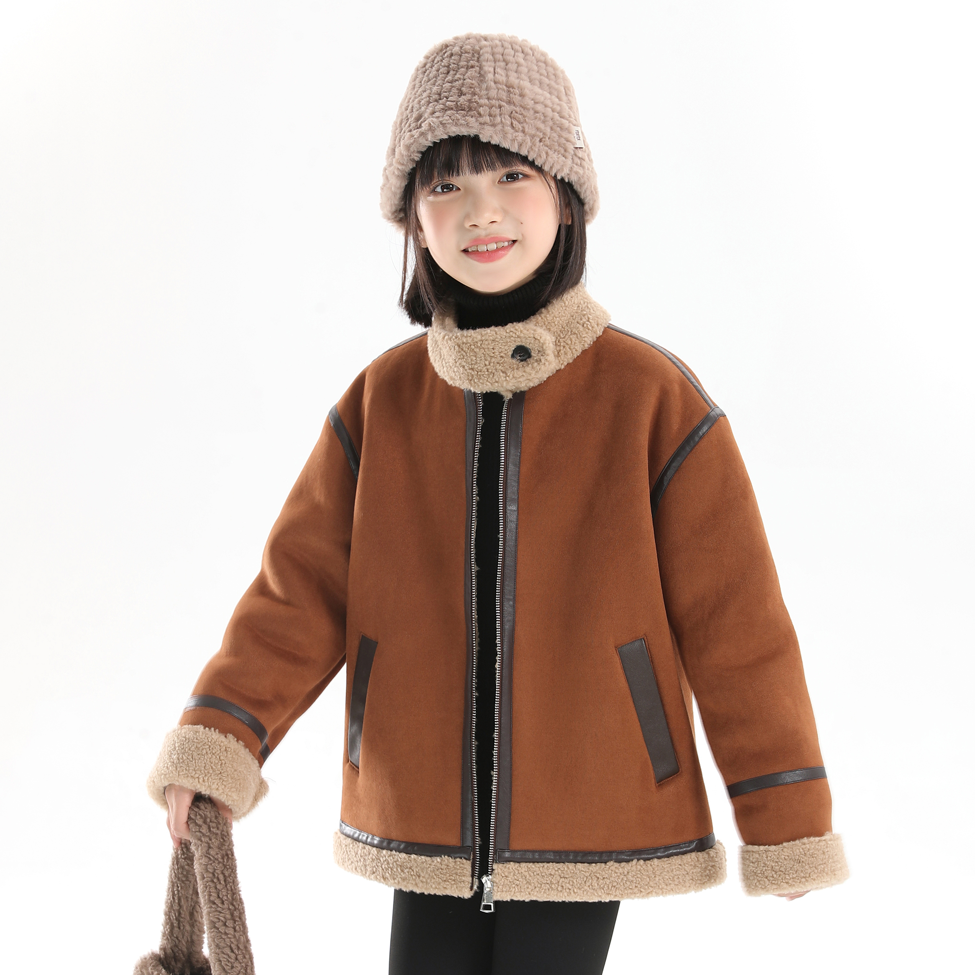 【撞色条皮毛一体外套】象小爸2025新款女童装皮毛一体秋冬季外套