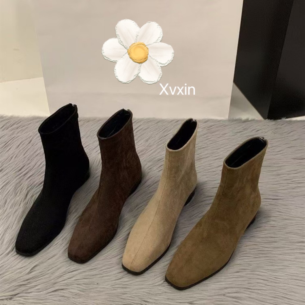 法式粗跟方头短靴瘦瘦靴英伦风加绒时尚单靴短筒百搭气质女靴