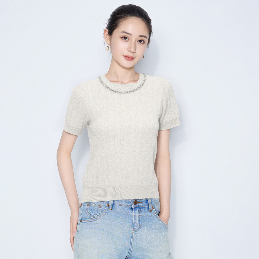 【CC王专属】宽松显瘦钉珠设计提花减龄女式轻薄针织衫862S