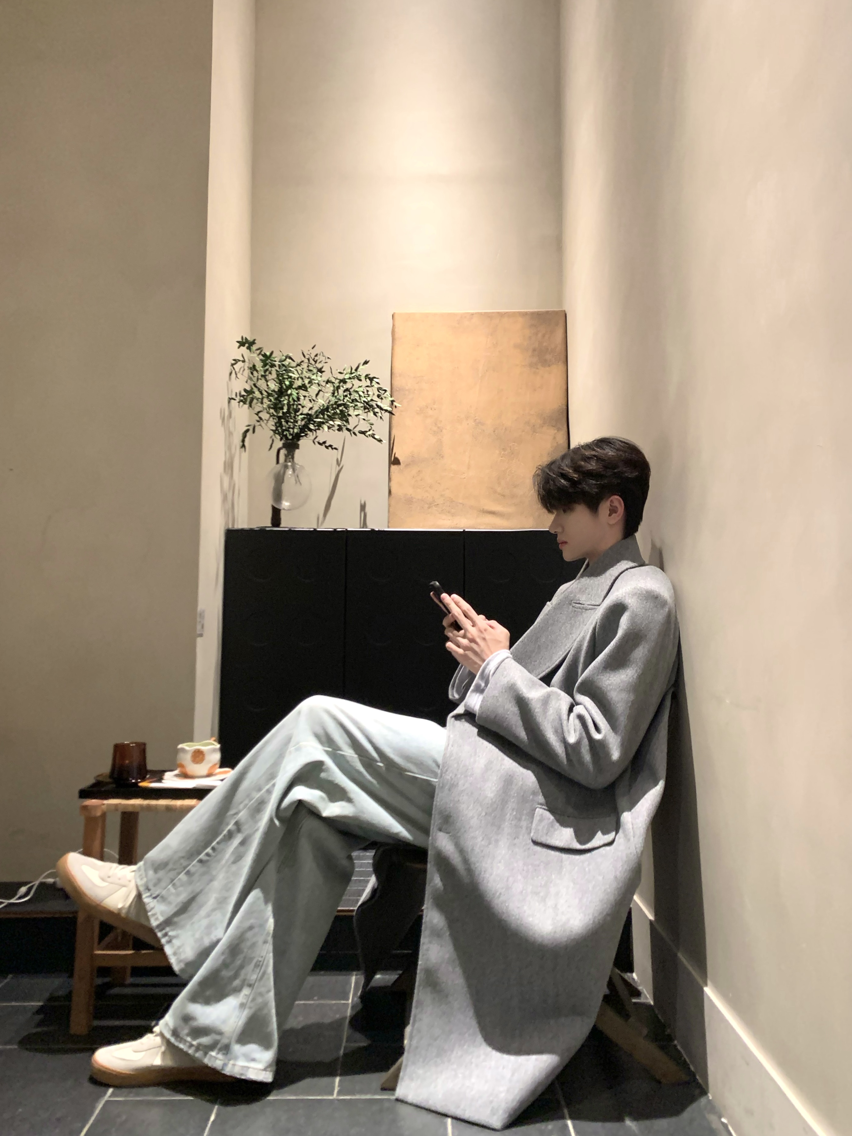 Woosine“伦敦灰调”毛呢大衣高级感中长款垫肩宽松风衣外套男冬季