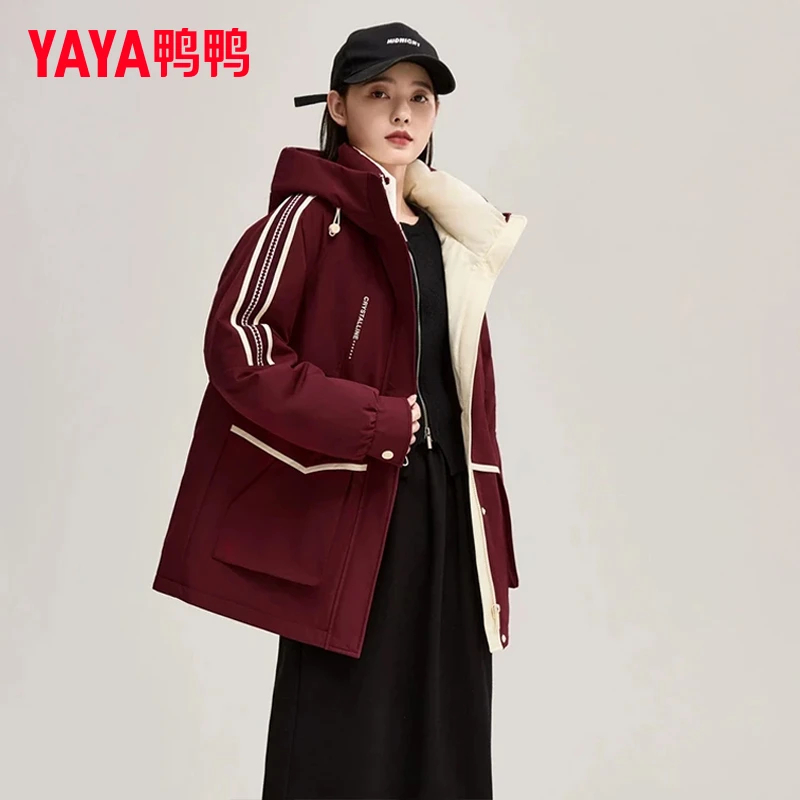 YAYA/鸭鸭羽绒服女中长款撞色拼接运动户外休闲风外套YE4B618956A