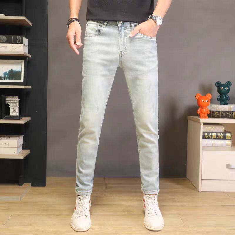 夏季男牛仔裤修身浅色牛仔运动裤修身潮流白色时尚
