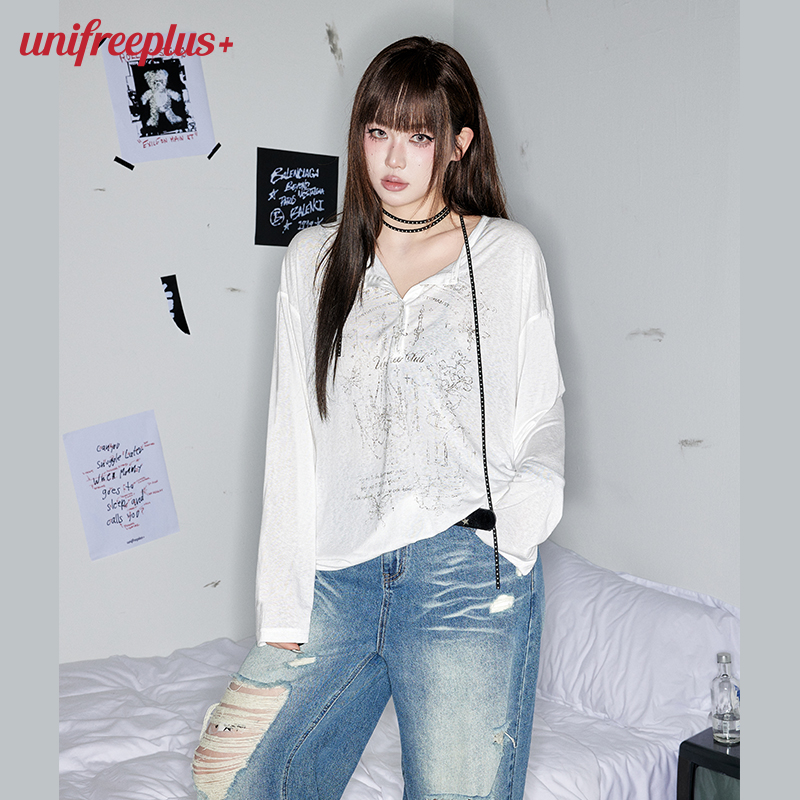 UNIFREEPLUS大码美式复古白色长袖T恤女薄款防晒打底内搭罩衫上衣