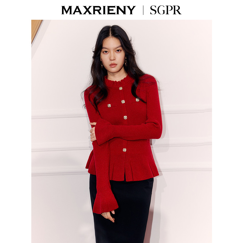 【商场同款】MAXRIENY浓郁红土色穿搭长袖针织散摆收腰修身毛衫女