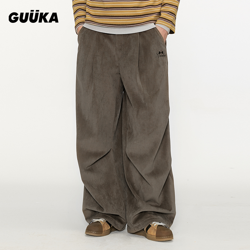 GUUKA美式灯芯绒直筒裤男冬季加绒裤子美拉德复古X61283